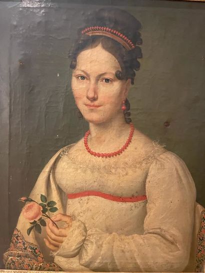 ECOLE FRANCAISE DU XIXème siècle Portrait de jeune femme à la robe blanche (1816)
Huile...