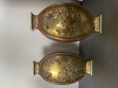 JAPON, XXème siècle Deux vases en bronze patiné et doré
A décor de volatiles et végétaux...