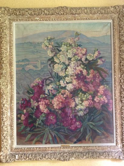 Sany SASSY (XIXème-XXème siècle) Bouquet de fleurs dans un paysage
Huile sur toile,...