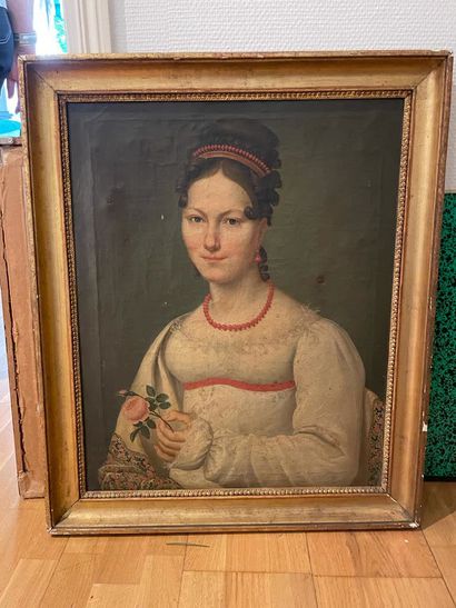 ECOLE FRANCAISE DU XIXème siècle Portrait de jeune femme à la robe blanche (1816)
Huile...