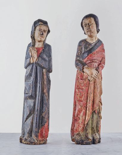  Vierge Marie et saint Jean de Calvaire en bois de résineux sculpté et polychromé....