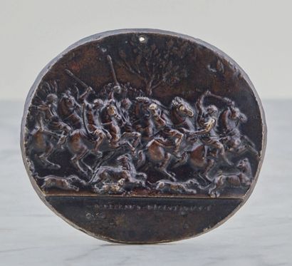 null Plaquette ovale en bronze à patine brune représentant une Chasse au lion menée...