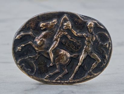  Plaquette ovale en bronze à patine brune représentant Timeter et Turnus (ou selon...