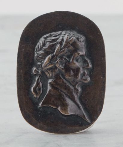 null Plaquette en bronze à patine chocolat représentant le profil droit d'un empereur...