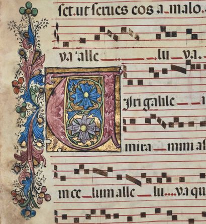  Page d'antiphonaire, folio CCII, enluminée sur parchemin à décor au verso de l'initiale...