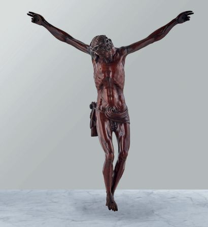 null Christ en buis sculpté. Tête ceinte d'une couronne d'épines, penchée sur l'épaule...