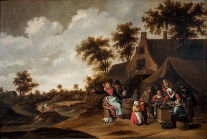 Cornelis DROOCHSLOOT (Utrecht 1640 - après 1674) Le goûter des enfants devant l'auberge
Panneau...