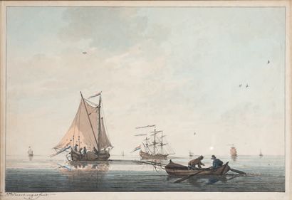 Nicolas WICART (Utrecht 1748-1815) Voiles et barques en mer
Aquarelle, gouache 20,5...