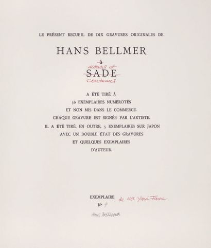 BELLMER Hans. À SADE. S.l, s.e , 1961. In-folio, en feuilles, sans couverture, chemise,...