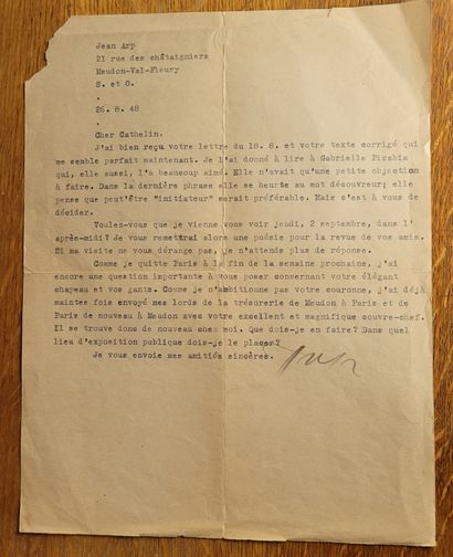 ARP Jean. LETTRE TAPUSCRITE SIGNÉE À BERNARD CATHELIN. 26 août 48. 1 page in-4 (léger...