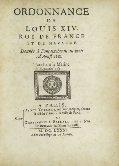 null ORDINANCE of Louis XIV King of France and Navarre. Given at Fontainebleau in...