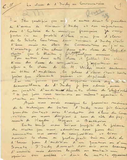 Arthur HONEGGER (1892-1955) Manuscrit autographe signé, La classe de d'Indy au Conservatoire,...