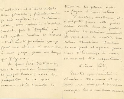 Pierre LOTI (1850-1923) L.A.S., [mid-March 1885], to a lady; 3 pages in-8.
Departure...