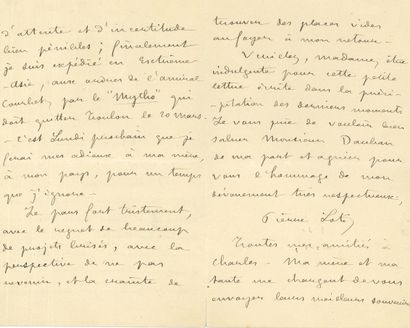 Pierre LOTI (1850-1923) L.A.S., [mi-mars 1885], à une dame ; 3 pages in-8.
Départ...