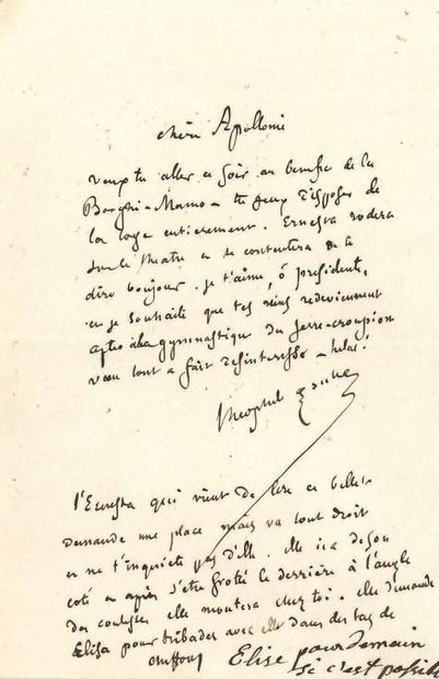 Théophile GAUTIER (1811-1872) L.A.S., [26 mars 1855], à sa «chère Apollonie» [Madame...