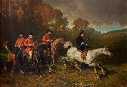 ALFRED DE DREUX (PARIS 1810 - 1860) Cavaliers sortant de la forêt Sur sa toile d'origine...
