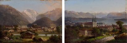 KARL GIRARDET (1813-1871) Village de la région d'Interlaken et Vue d'une ville en...