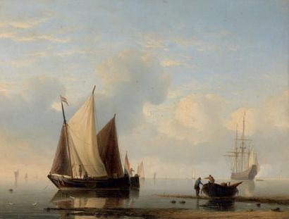 ATTRIBUÉ À ABRAHAM HULK (1813-1897) Le retour des pêcheurs Panneau 37,5 x 51,5 c...
