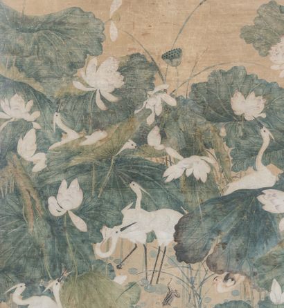 CHINE - XVIIIe siècle Encre et couleurs sur soie, représentant des fleurs et feuilles...