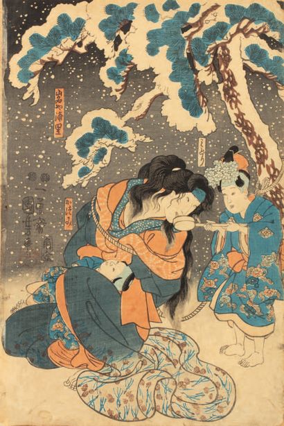 Utagawa Kuniyoshi (1797-1861) Oban tate-e, part of a triptych, young woman with a...