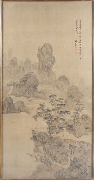 CHINE - XVIIIe/XIXe siècle Ink and colors on silk, depicting literati in a mountain...