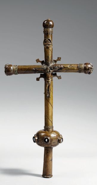 null Processional cross in brass embossed, melted, engraved and chased with enamelled...
