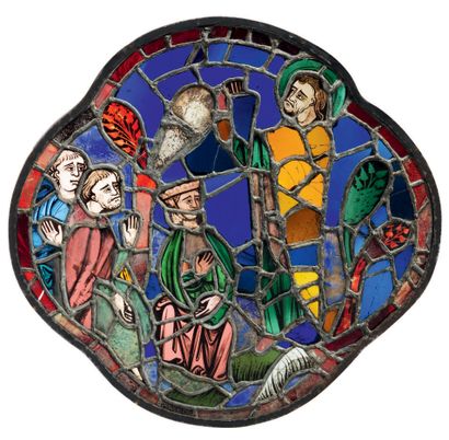 null Stained glass window in polychrome glass of four-lobed shape representing the...