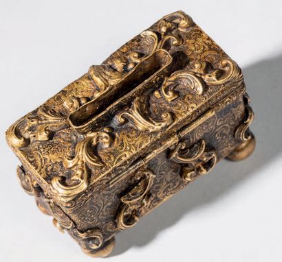 null Rare small gilded metal trunk in the form of a box with etched decoration of...