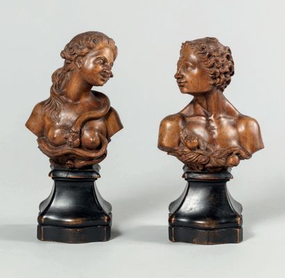 null Bust of Adam and Eve in lime wood carved in the round. Naked busts coming out...