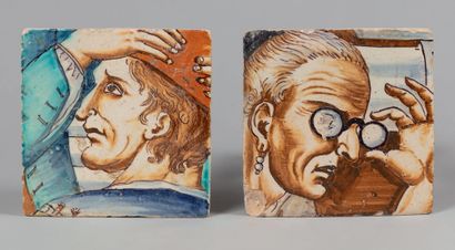 null Two large polychrome earthenware tiles of the same set decorated, for one, with...