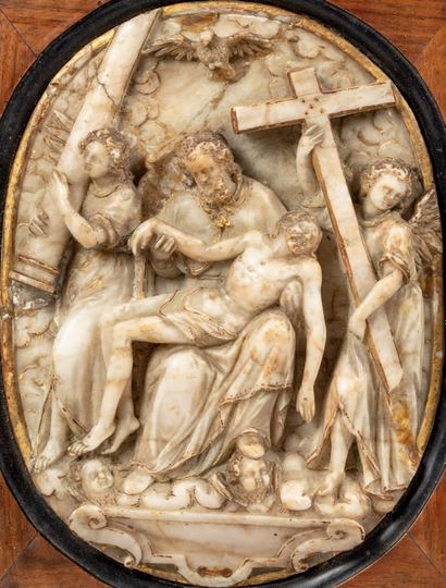 Oval alabaster plaque finely carved in high...