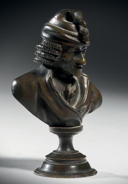 Bust of Voltaire, in bronze with brown patina,...
