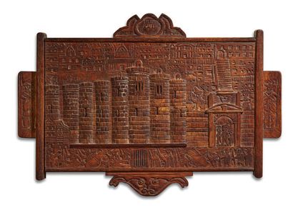 Bas-relief in carved wood representing the...