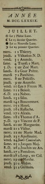 Calendar of the month of July 1789.
Engraving....