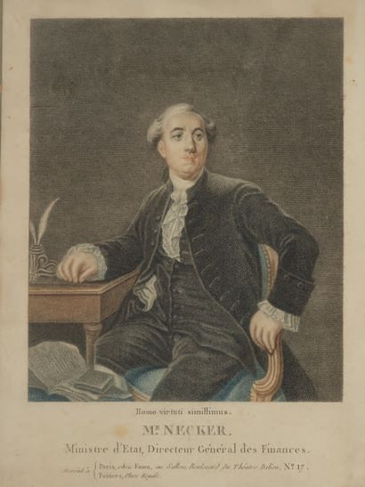 Colored engraving showing Necker sitting...