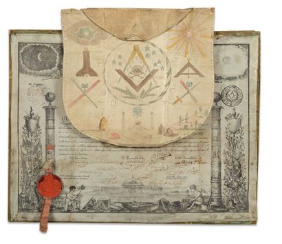(FRANC-MAÇONNERIE) Master's apron printed on vellum and enhanced with polychrome...