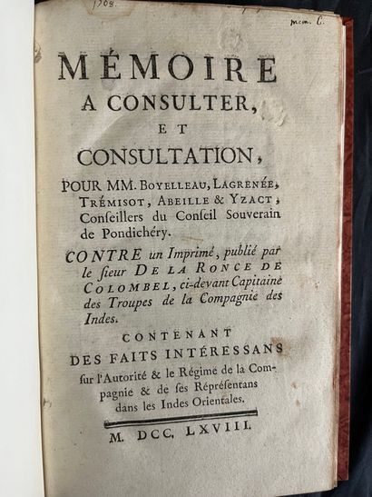 COMPAGNIE DES INDES. — [ABEILLE (Louis-Pierre)]. Mémoire à consulter, et consultation,...