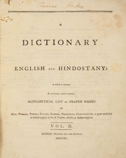HARRIS (Henry). A Dictionary English and Hindostany : to which is annexed a copious...