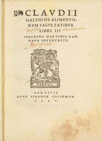 GALIEN. De alimentorum facultatibus libri III. Paris, Simon de Colines, 1530, in-4,...