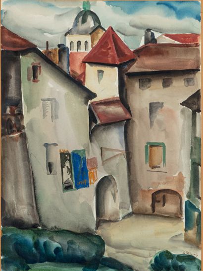 Serge FOTINSKY (1887-1971) Village - village with an acqueduct
Two watercolors signed...