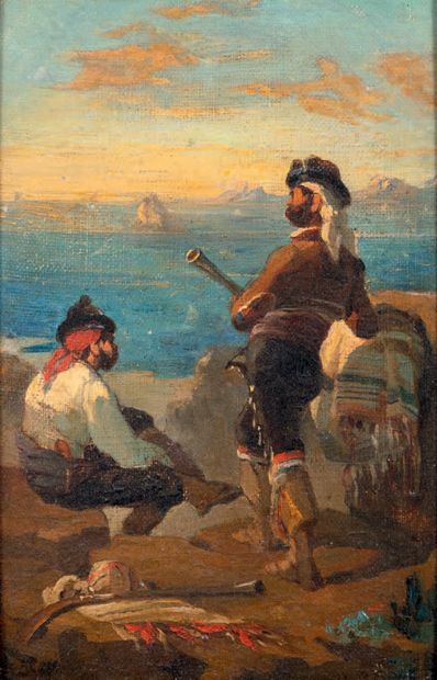 Henri REGNAULT (1843-1871) Contrebandiers à Malaga
Huile sur toile, marouflée sur...