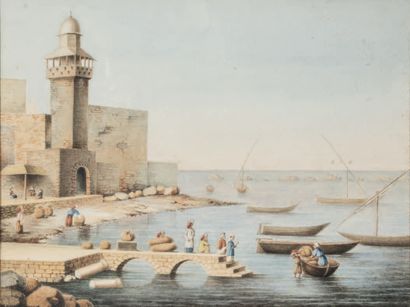 Mathieu-Auguste KOENING (Paris 1802 - le Caire 1866) Le port de Seydon
Aquarelle...
