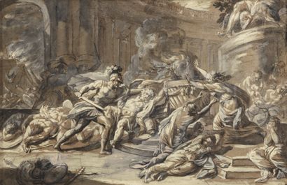 Jean-Baptiste REGNAULT (1754-1829) Pyrrhus tuant Priam
Plume et encre grise, lavis...
