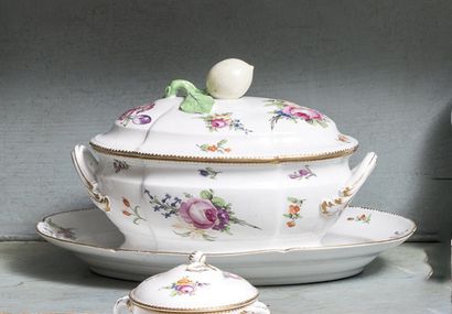 Paris Porcelain oval covered tureen and oval tray with polychrome decoration of bouquets...