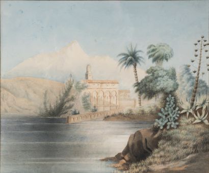 Mathieu-Auguste KOENING (Paris 1802 - le Caire 1866) Palais et palmiers au bord de...
