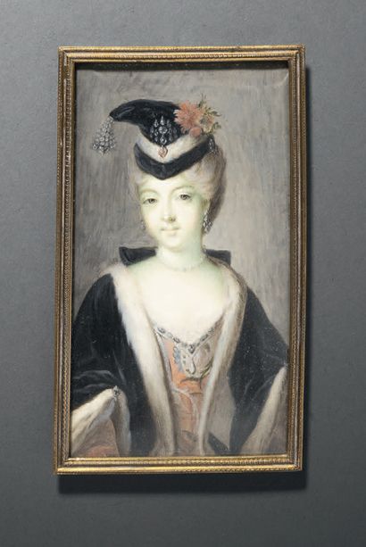 Jean-Baptiste MASSÉ (1687-1767) Portrait of a young woman in silk dress, large black...
