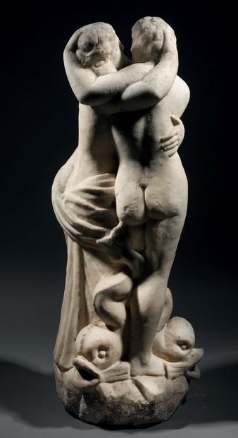 null Amour et Psyché, élément de fontaine, en marbre sculpté en ronde-bosse. Debout,...