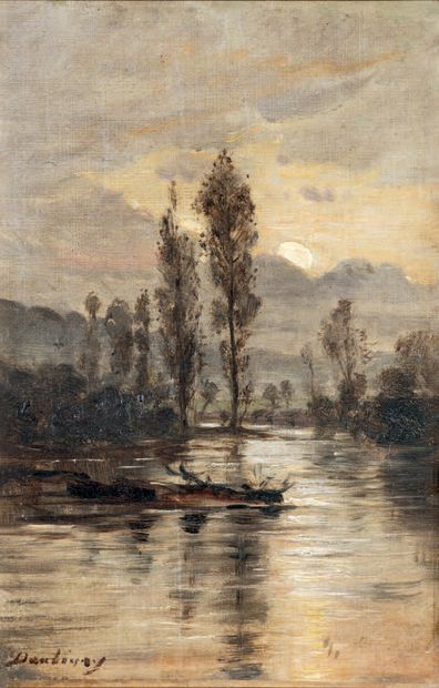 Karl DAUBIGNY (Paris 1846 - Auvers-sur-Oise 1886) Une rivière au clair de pleine...