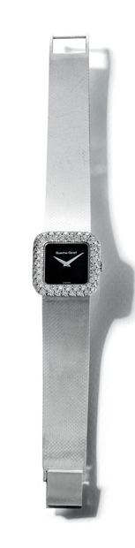 BUECHE-GIROD Bracelet-montre de dame en or gris 750°/°°. Boîtier carré fond noir,...