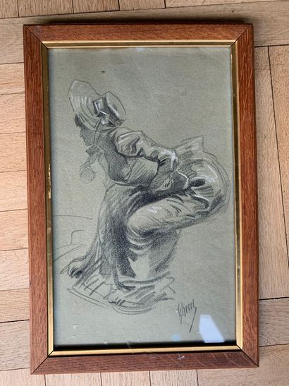 Jules CHERET (1836-1932) Élégante assise
Dessin au fusain et à la craie blanche,...